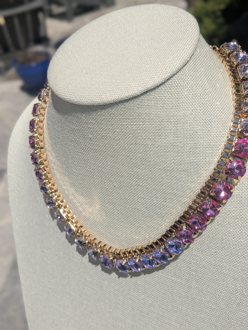 Gold Tone Pink Purple Crystal Necklace Adjustable 18–21” Lightweight Statement - Picture 5 of 5